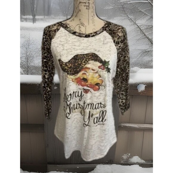L&B Life Tops - Merry Christmas Y’all Shirt Women L Leopard Santa Graphic Holiday Tee Top